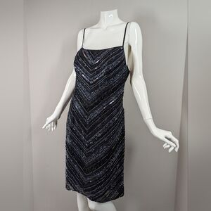 Scala Silk Beaded Open Back Dress Sz M – Black Chevron Sequin Slip
